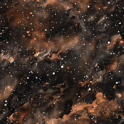 brown, black, rust, copper, white, painted, galaxy, space, stars, celestial, nebula, cosmic, abstract, brushstrokes, artistic, quilting cotton, fabric panel, universe, astronomy, swirling patterns