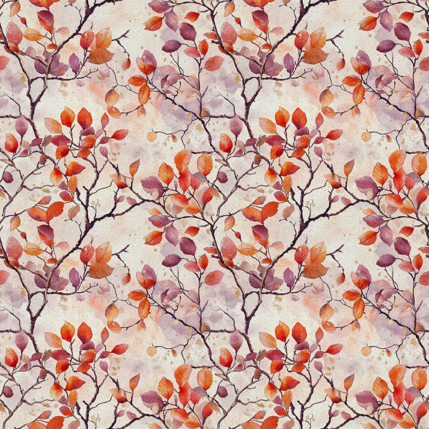 autumn leaves, fall foliage, branches, watercolor style, red, orange, purple, burgundy, cream background, botanical pattern, nature motif, quilting cotton, fabric panel, seasonal design, delicate branches, warm colors, artistic rendering, repeating pattern, leaf clusters, soft texture