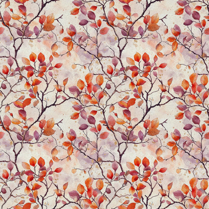 autumn leaves, fall foliage, branches, watercolor style, red, orange, purple, burgundy, cream background, botanical pattern, nature motif, quilting cotton, fabric panel, seasonal design, delicate branches, warm colors, artistic rendering, repeating pattern, leaf clusters, soft texture