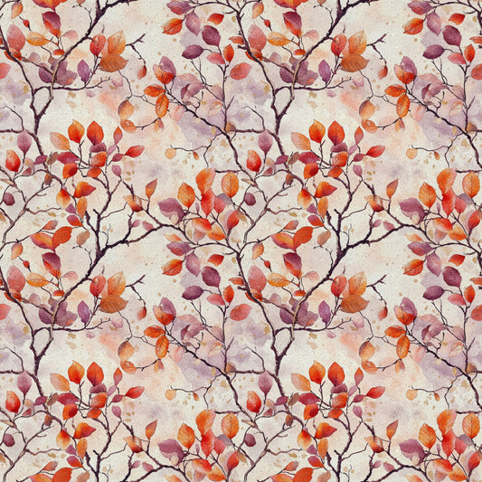 autumn leaves, fall foliage, branches, watercolor style, red, orange, purple, burgundy, cream background, botanical pattern, nature motif, quilting cotton, fabric panel, seasonal design, delicate branches, warm colors, artistic rendering, repeating pattern, leaf clusters, soft texture