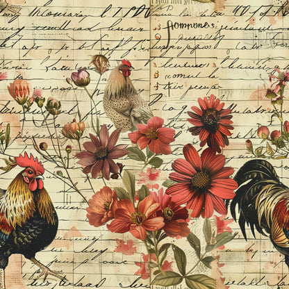 roosters, chickens, red flowers, coral blooms, vintage script, handwritten text, farm animals, botanical florals, cream background, rustic style, country theme, quilting cotton, fabric panel, aged paper, pastoral scene, orange petals, green leaves, farmhouse motif, floral pattern, poultry design