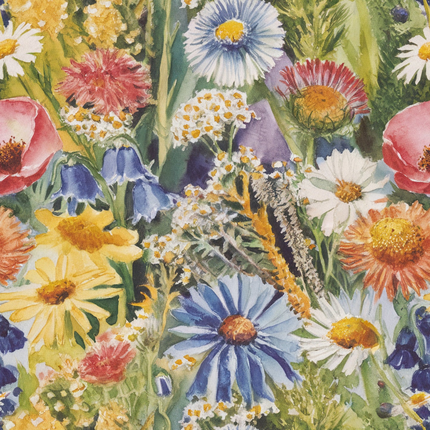 wildflower, botanical, floral pattern, watercolor style, quilting cotton, fabric panel, daisy flowers, pink blooms, blue petals, yellow centers, white flowers, coral tones, lavender hues, green foliage, meadow flowers, spring blooms, garden motif, nature inspired, soft pastels, artistic florals