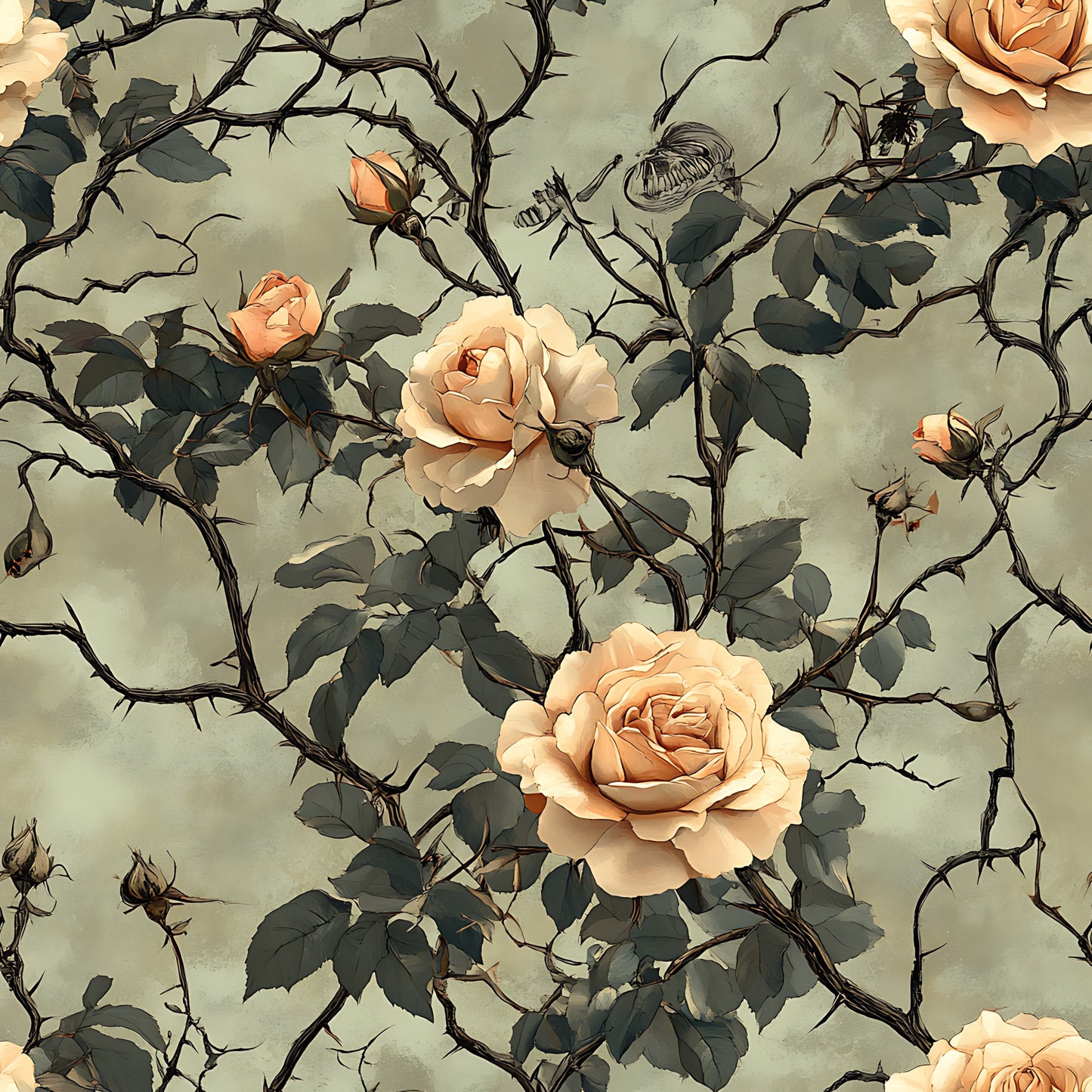 peach roses, cream flowers, thorny vines, sage green, muted olive, botanical pattern, vintage floral, romantic blooms, rose buds, quilting cotton, fabric panel, gothic garden, dusty rose, antique styling, climbing roses, thorny stems, soft pastels, floral motif, textile design, cottagecore aesthetic