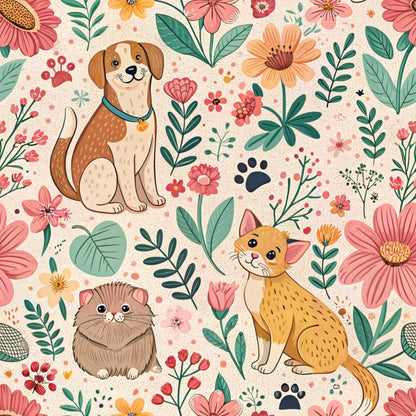 floral pattern, dog, cat, hamster, paw prints, pink flowers, coral blooms, green leaves, orange blossoms, cream background, botanical design, pets, animals, whimsical style, quilting cotton, fabric panel, spring theme, cute illustrations, folk art style, nature motif