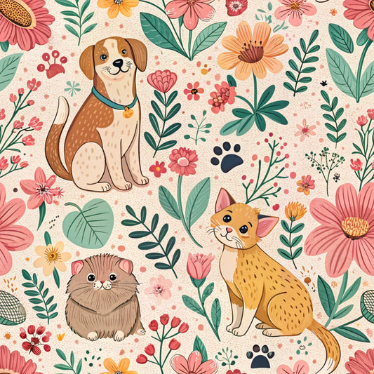 floral pattern, dog, cat, hamster, paw prints, pink flowers, coral blooms, green leaves, orange blossoms, cream background, botanical design, pets, animals, whimsical style, quilting cotton, fabric panel, spring theme, cute illustrations, folk art style, nature motif