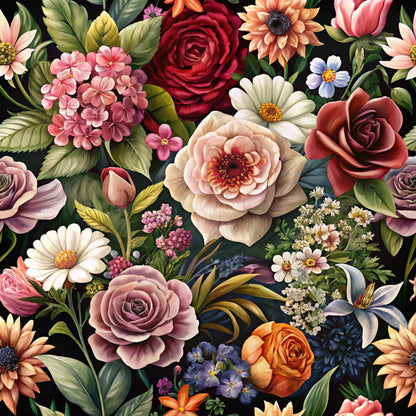 realistic flowers, botanical pattern, roses, daisies, peonies, hydrangeas, lilies, deep red, coral pink, cream white, dusty purple, orange, navy blue, green foliage, black background, vintage style, quilting cotton, fabric panel, floral motifs, garden flowers