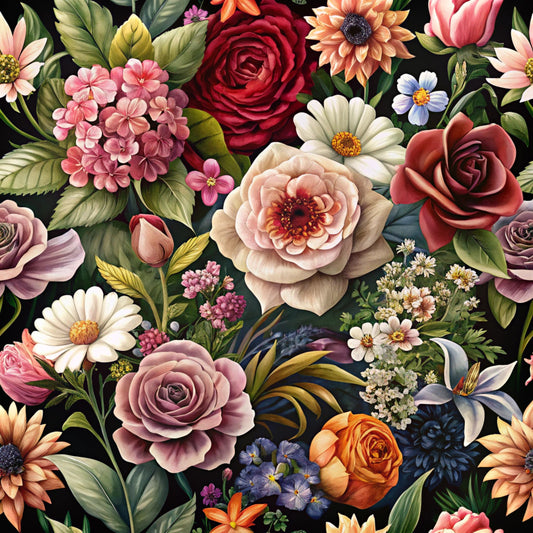 realistic flowers, botanical pattern, roses, daisies, peonies, hydrangeas, lilies, deep red, coral pink, cream white, dusty purple, orange, navy blue, green foliage, black background, vintage style, quilting cotton, fabric panel, floral motifs, garden flowers