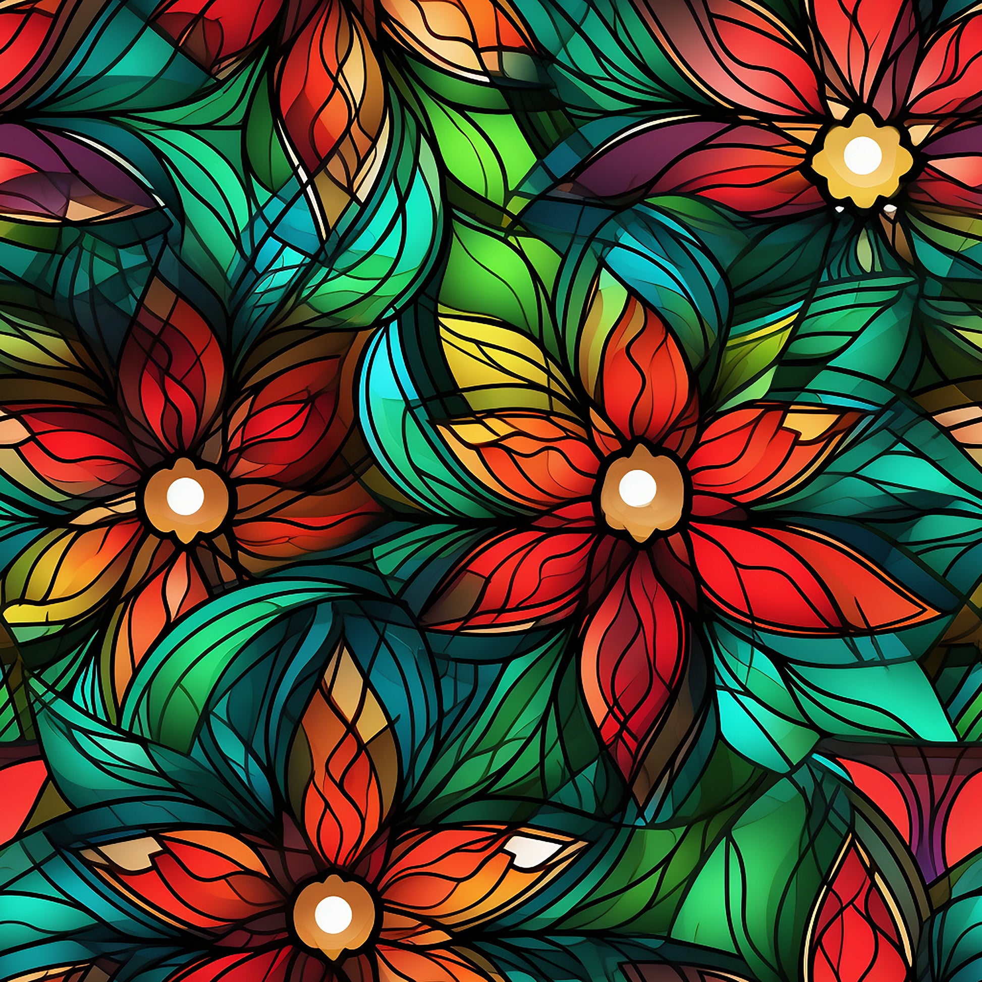stained glass, christmas pattern, quilting cotton, fabric panel, floral motifs, red petals, green leaves, turquoise accents, orange highlights, yellow centers, purple tones, botanical design, geometric lines, holiday fabric, decorative flowers, vibrant colors, art glass style, festive pattern, crafting material, sewing fabric