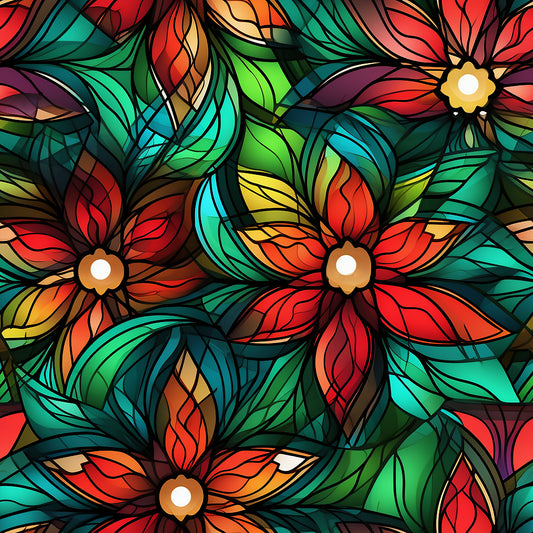 stained glass, christmas pattern, quilting cotton, fabric panel, floral motifs, red petals, green leaves, turquoise accents, orange highlights, yellow centers, purple tones, botanical design, geometric lines, holiday fabric, decorative flowers, vibrant colors, art glass style, festive pattern, crafting material, sewing fabric