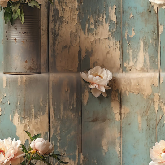 farmhouse style, weathered wood, peeling paint, soft pink peonies, blush flowers, distressed boards, rustic texture, shabby chic, vintage aesthetic, floral blooms, muted teal, cream paint, aged patina, quilting cotton, fabric panel, cottage core, botanical elements, pastel palette, rustic charm