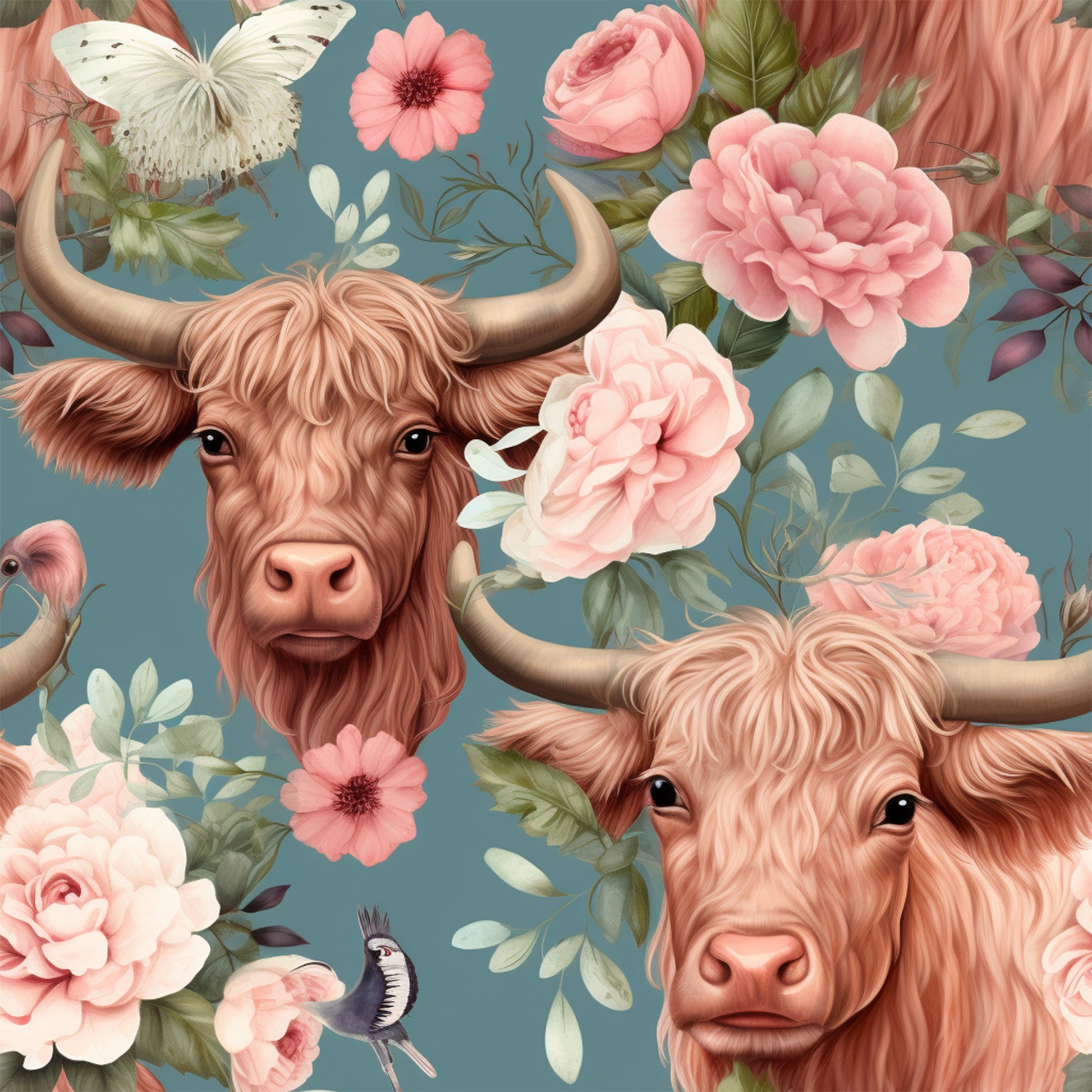 highland cows, pink roses, peonies, floral pattern, vintage style, dusty blue background, coral pink, cream white, botanical elements, butterflies, birds, quilting cotton, fabric panel, rustic charm, farmhouse aesthetic, soft pastels, romantic florals, country animals, whimsical design, nature motifs