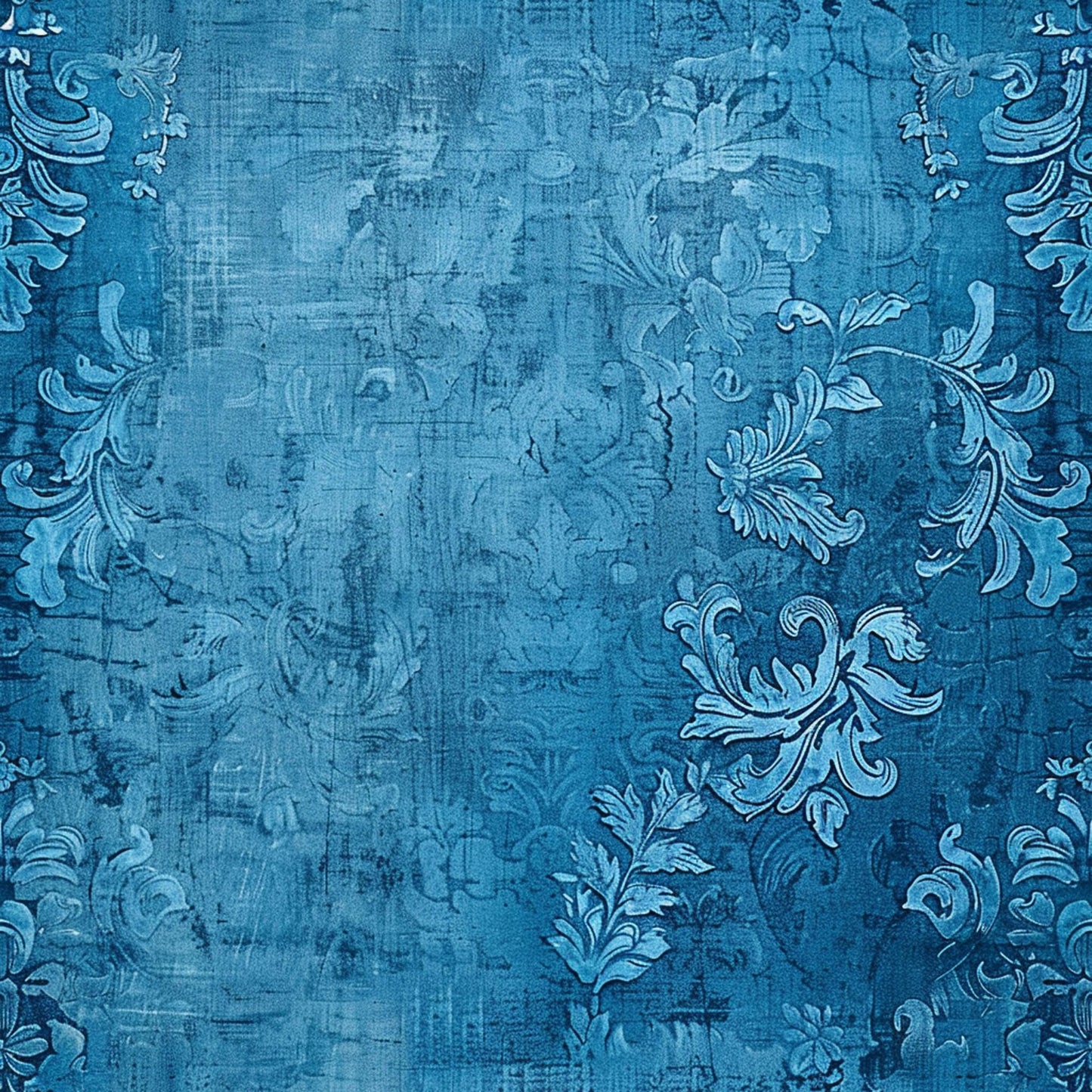 blue, vintage, distressed texture, floral motifs, ornate scrollwork, decorative flourishes, botanical elements, weathered appearance, monochromatic, quilting cotton, fabric panel, damask pattern, elegant swirls, antique style, farmhouse aesthetic, textured background, intricate details, romantic florals