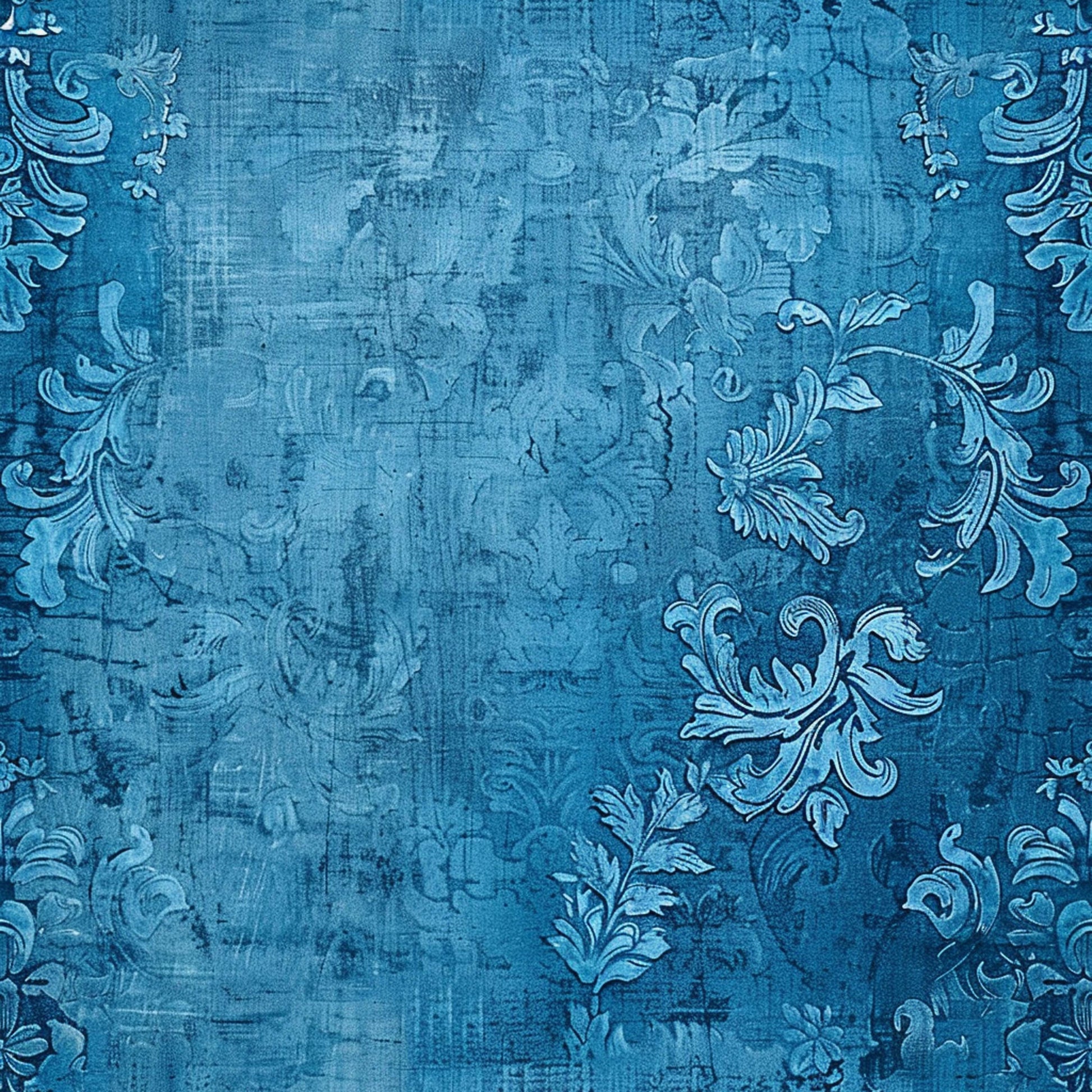 blue, vintage, distressed texture, floral motifs, ornate scrollwork, decorative flourishes, botanical elements, weathered appearance, monochromatic, quilting cotton, fabric panel, damask pattern, elegant swirls, antique style, farmhouse aesthetic, textured background, intricate details, romantic florals
