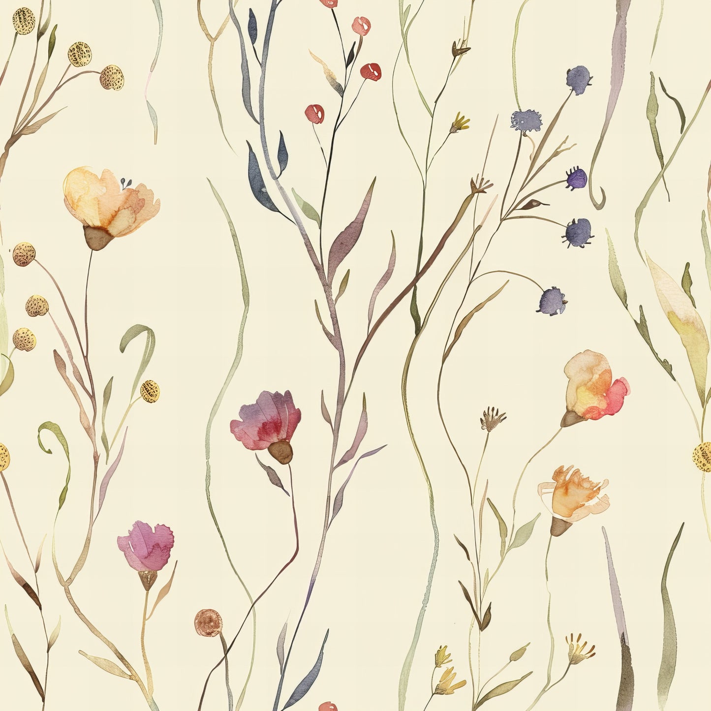 handdrawn, meadow, wildflowers, watercolor style, botanical pattern, cream background, purple flowers, yellow blooms, coral petals, blue berries, green stems, delicate illustration, nature motif, floral design, quilting cotton, fabric panel, whimsical art, soft colors, organic shapes, meadow grass