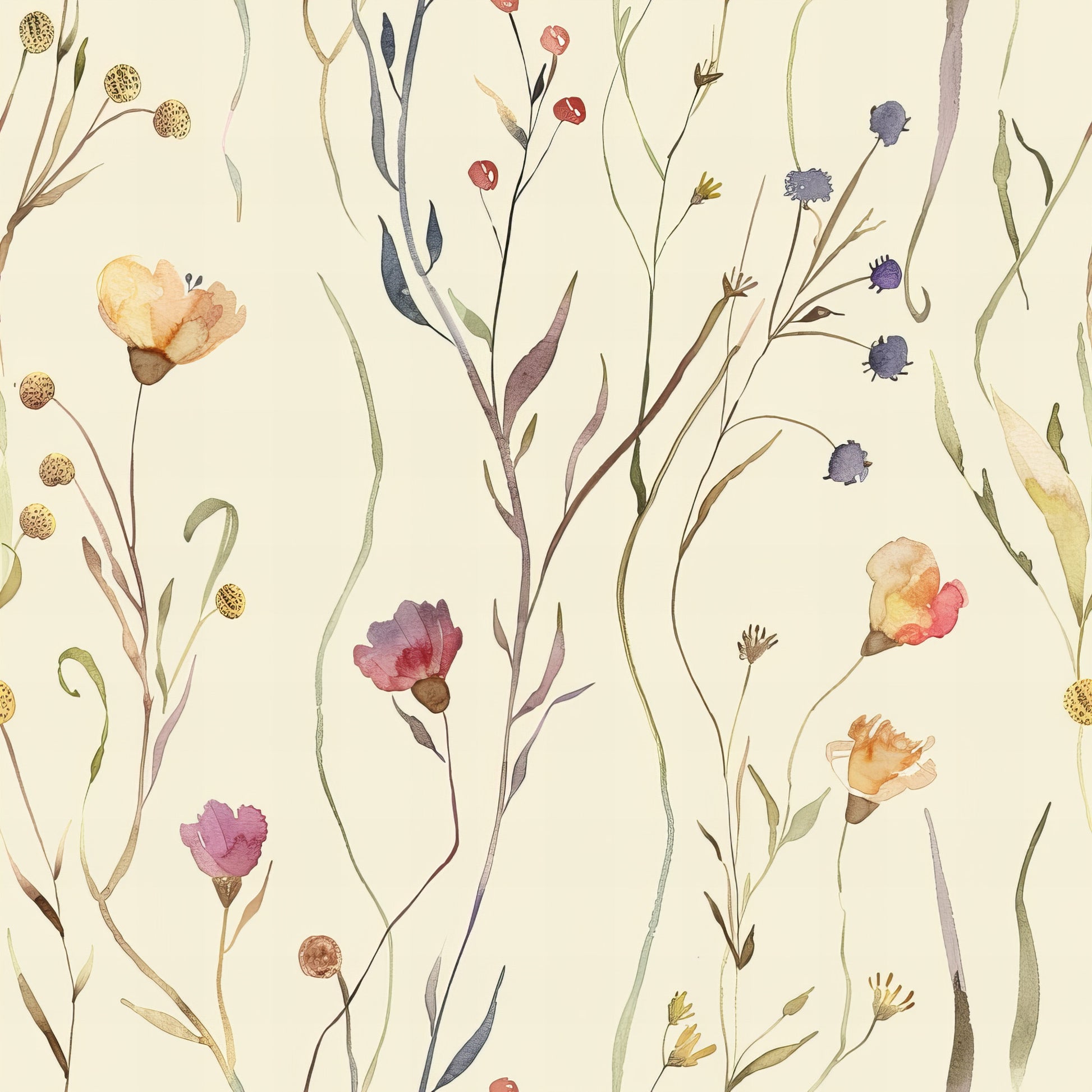 handdrawn, meadow, wildflowers, watercolor style, botanical pattern, cream background, purple flowers, yellow blooms, coral petals, blue berries, green stems, delicate illustration, nature motif, floral design, quilting cotton, fabric panel, whimsical art, soft colors, organic shapes, meadow grass