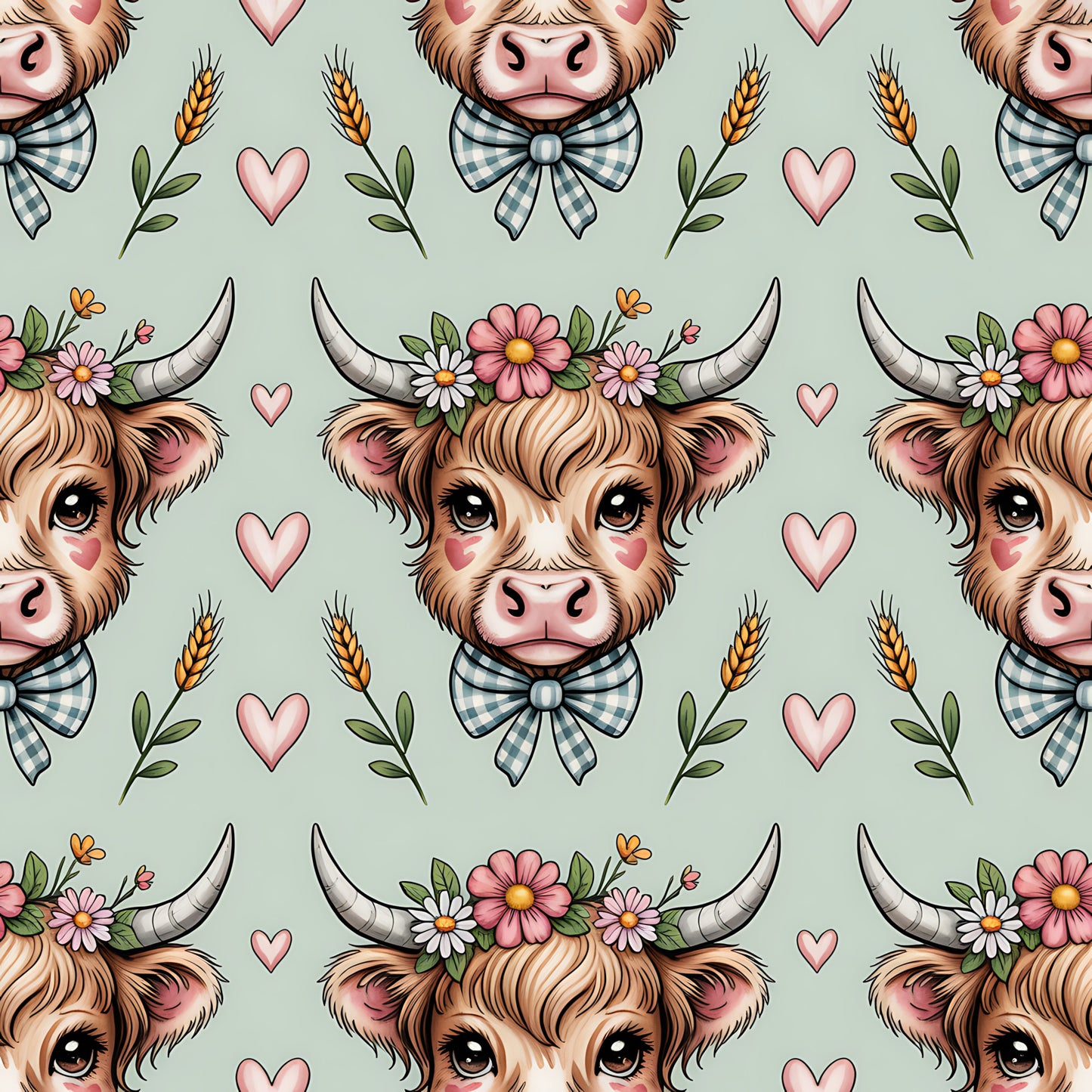sage green, highland cow, cow heads, floral crown, gingham bow tie, pink hearts, wheat stalks, cottage core, pastoral, quilting cotton, fabric panel, repeating pattern, brown fur, horns, daisy flowers, leafy vines, farm animals, whimsical, soft colors, rustic charm