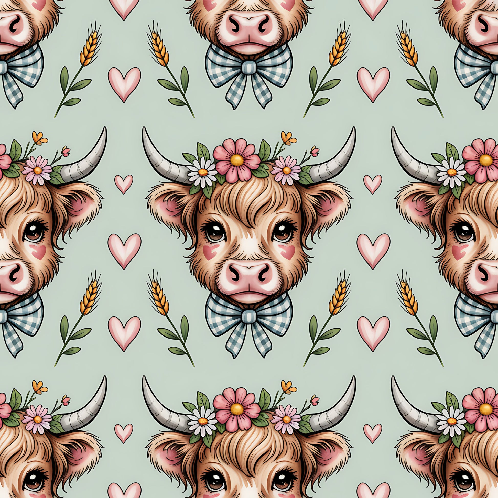 sage green, highland cow, cow heads, floral crown, gingham bow tie, pink hearts, wheat stalks, cottage core, pastoral, quilting cotton, fabric panel, repeating pattern, brown fur, horns, daisy flowers, leafy vines, farm animals, whimsical, soft colors, rustic charm