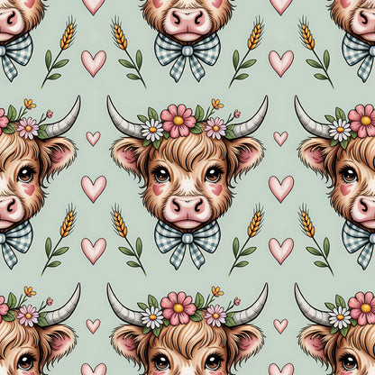 sage green, highland cow, cow heads, floral crown, gingham bow tie, pink hearts, wheat stalks, cottage core, pastoral, quilting cotton, fabric panel, repeating pattern, brown fur, horns, daisy flowers, leafy vines, farm animals, whimsical, soft colors, rustic charm