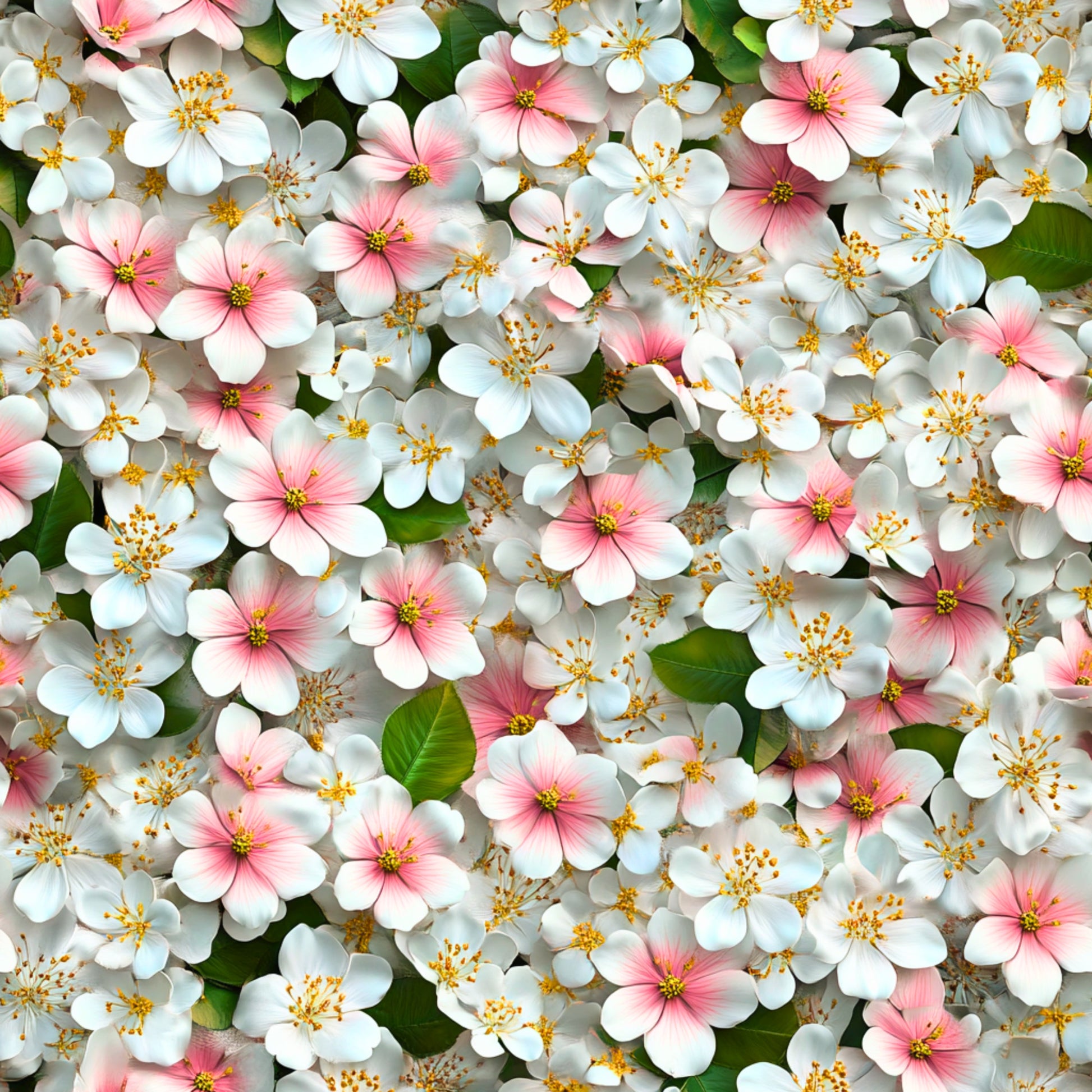 white flowers, pink flowers, yellow stamens, green leaves, floral pattern, spring blossoms, cherry blossoms, realistic flowers, botanical design, quilting cotton, fabric panel, delicate petals, garden flowers, nature motif, soft pastels, blooming flowers, densely packed, fresh spring, flower clusters