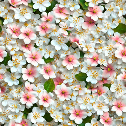 white flowers, pink flowers, yellow stamens, green leaves, floral pattern, spring blossoms, cherry blossoms, realistic flowers, botanical design, quilting cotton, fabric panel, delicate petals, garden flowers, nature motif, soft pastels, blooming flowers, densely packed, fresh spring, flower clusters