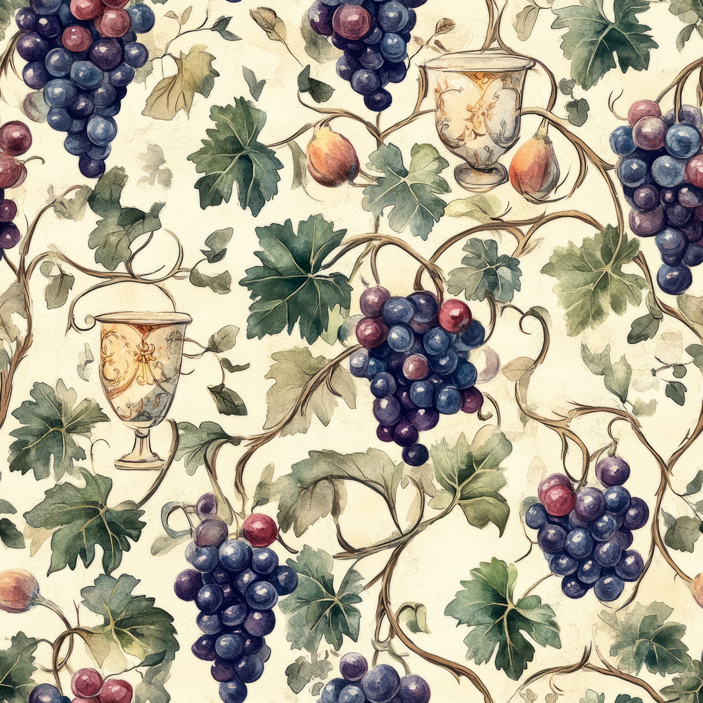 grapes, grapevines, wine goblets, chalices, botanical, vineyard theme, purple grapes, blue grapes, green leaves, vine leaves, cream background, beige background, watercolor style, fruit pattern, wine theme, quilting cotton, fabric panel, repeating pattern, autumn harvest, decorative vessels