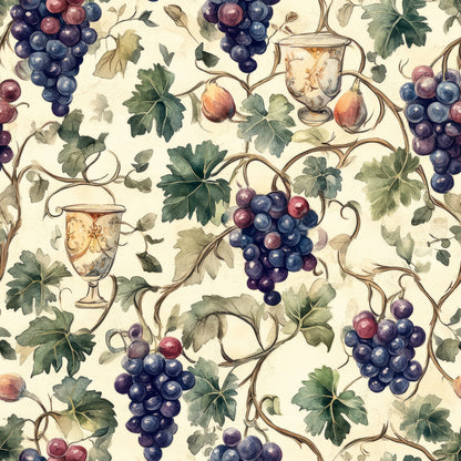 grapes, grapevines, wine goblets, chalices, botanical, vineyard theme, purple grapes, blue grapes, green leaves, vine leaves, cream background, beige background, watercolor style, fruit pattern, wine theme, quilting cotton, fabric panel, repeating pattern, autumn harvest, decorative vessels