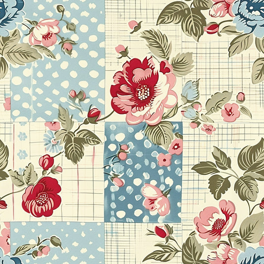 powder blue, cream, dusty pink, deep red, olive green, patchwork squares, polka dots, gingham checks, floral blooms, rose flowers, botanical leaves, cottage garden, vintage style, quilting cotton, fabric panel, romantic florals, shabby chic, cottagecore aesthetic, mixed patterns, coordinating prints