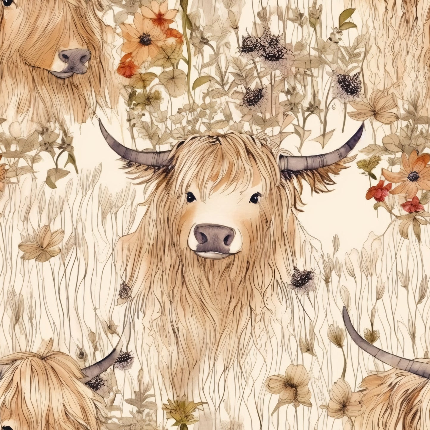highland cows, farm animals, floral meadow, botanical pattern, cream background, blonde fur, horned cattle, wildflowers, pressed flowers, rustic farmhouse, quilting cotton, fabric panel, nature scene, pastoral design, neutral tones, beige palette, country living, meadow grass, organic florals, whimsical illustration