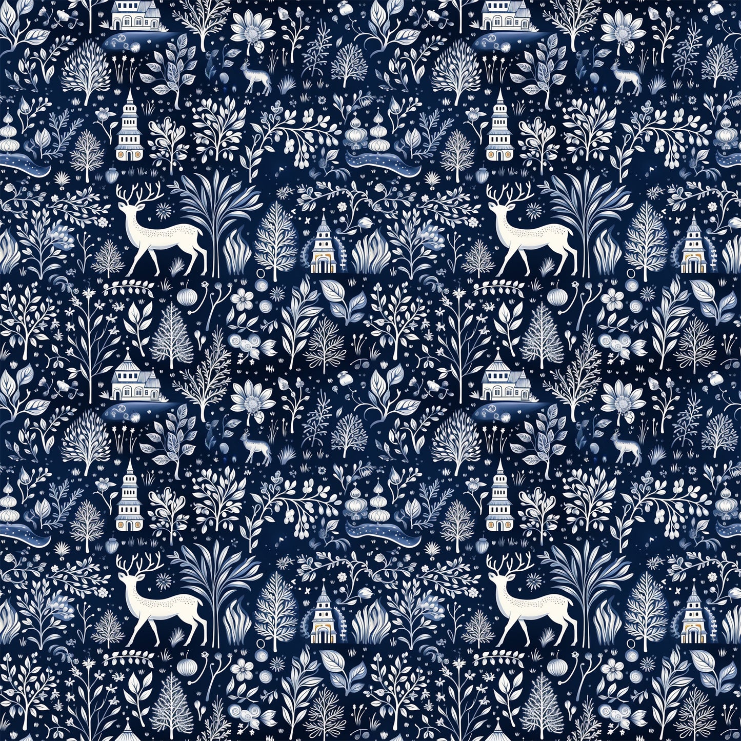 navy blue, white, cream, delft blue, winter scenery, deer, stags, trees, buildings, houses, folk art, botanical motifs, flowers, leaves, branches, repeating pattern, quilting cotton, fabric panel, winter theme, nature elements, silhouettes, intricate design, monochromatic