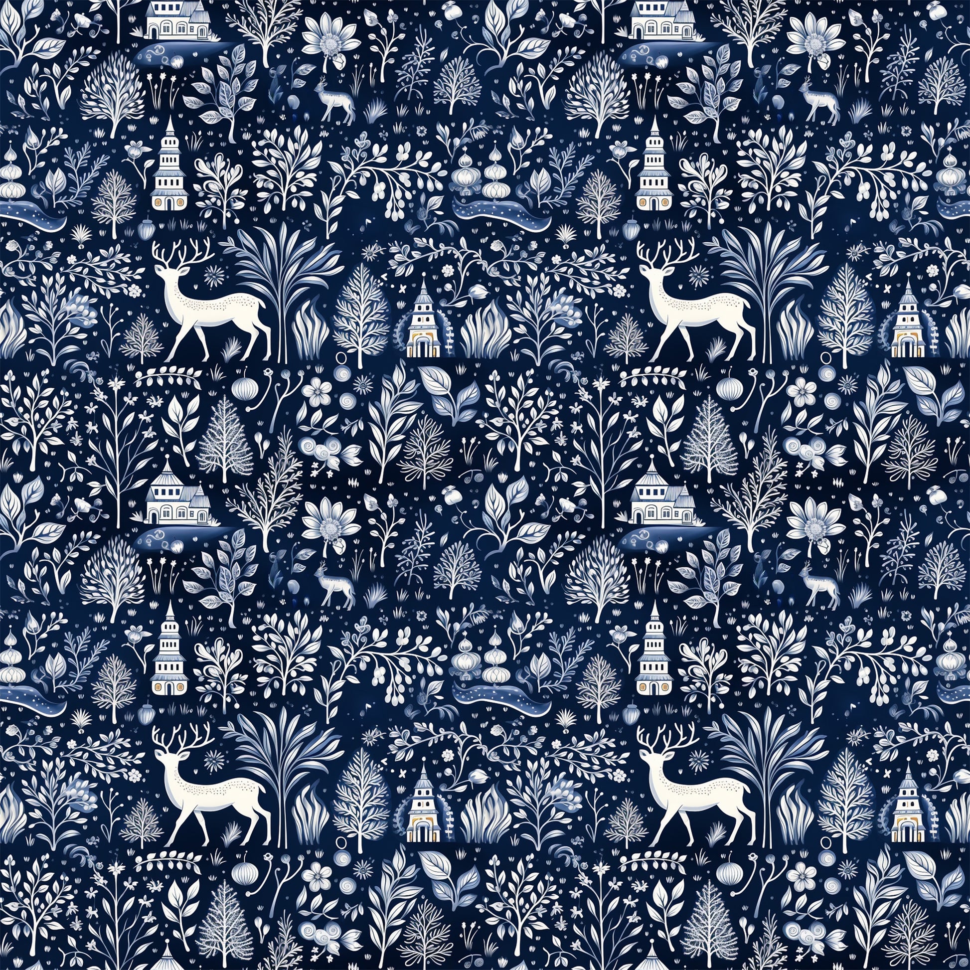 navy blue, white, cream, delft blue, winter scenery, deer, stags, trees, buildings, houses, folk art, botanical motifs, flowers, leaves, branches, repeating pattern, quilting cotton, fabric panel, winter theme, nature elements, silhouettes, intricate design, monochromatic