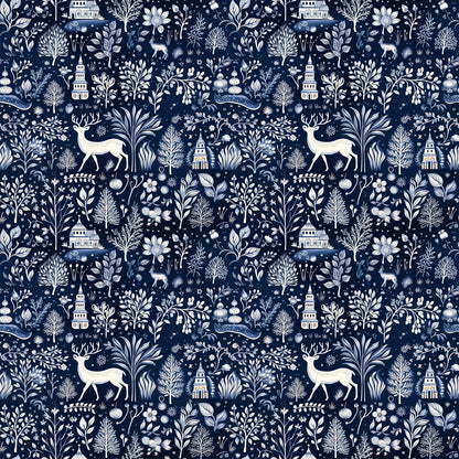 navy blue, white, cream, delft blue, winter scenery, deer, stags, trees, buildings, houses, folk art, botanical motifs, flowers, leaves, branches, repeating pattern, quilting cotton, fabric panel, winter theme, nature elements, silhouettes, intricate design, monochromatic
