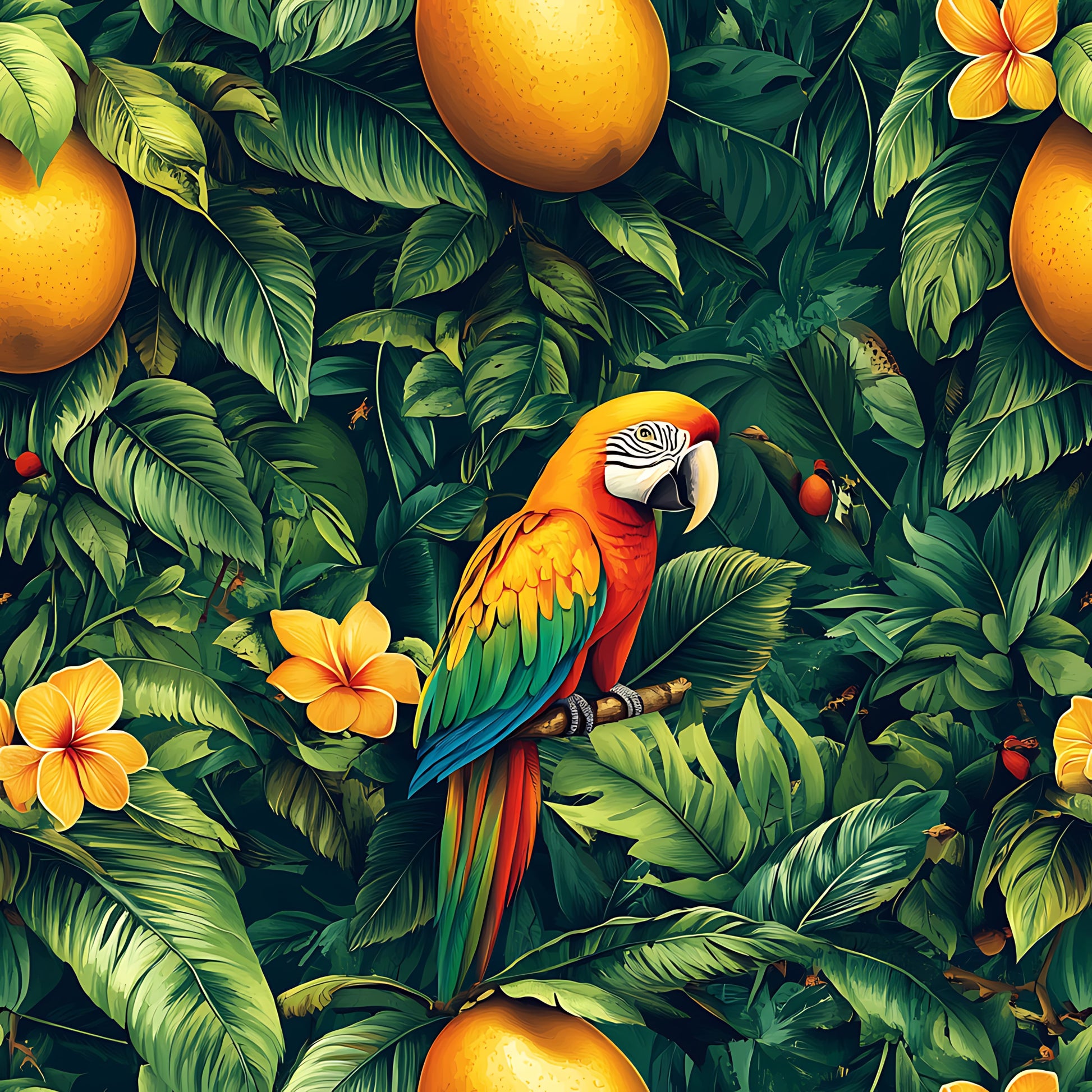 tropical parrot, macaw, vibrant orange, emerald green, mango fruits, plumeria flowers, lush foliage, jungle pattern, exotic birds, botanical design, quilting cotton, fabric panel, tropical paradise, rainforest theme, colorful plumage, hawaiian flowers, fruit motifs, nature scene, wildlife illustration, bright yellows