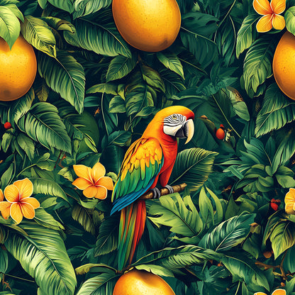 tropical parrot, macaw, vibrant orange, emerald green, mango fruits, plumeria flowers, lush foliage, jungle pattern, exotic birds, botanical design, quilting cotton, fabric panel, tropical paradise, rainforest theme, colorful plumage, hawaiian flowers, fruit motifs, nature scene, wildlife illustration, bright yellows