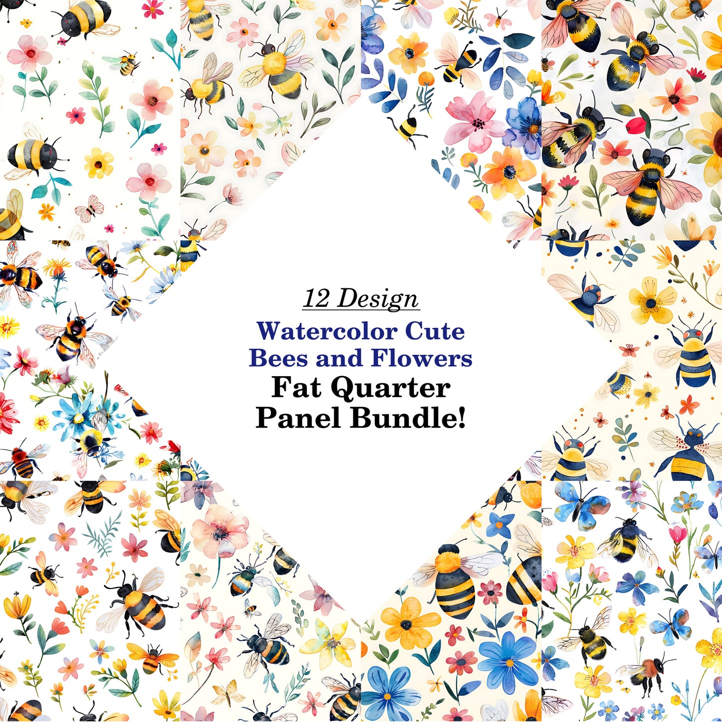 Watercolor Cute Bees and Flowers Fat Quarter Bundle