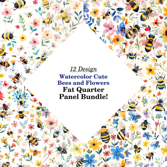 Watercolor Cute Bees and Flowers Fat Quarter Bundle