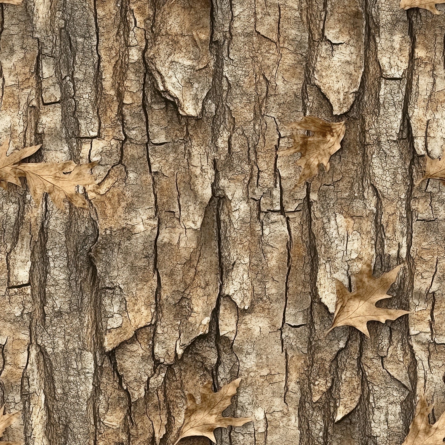 realistic camo, tree bark texture, hunting pattern, woodland camouflage, brown tones, tan colors, beige hues, oak leaves, autumn leaves, dried leaves, cracked bark, natural texture, outdoor theme, camouflage design, quilting cotton, fabric panel, hunting fabric, woodland pattern, nature motif, rustic style