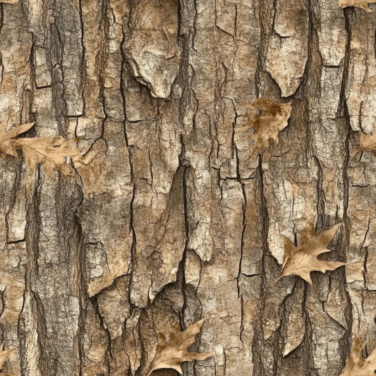 realistic camo, tree bark texture, hunting pattern, woodland camouflage, brown tones, tan colors, beige hues, oak leaves, autumn leaves, dried leaves, cracked bark, natural texture, outdoor theme, camouflage design, quilting cotton, fabric panel, hunting fabric, woodland pattern, nature motif, rustic style