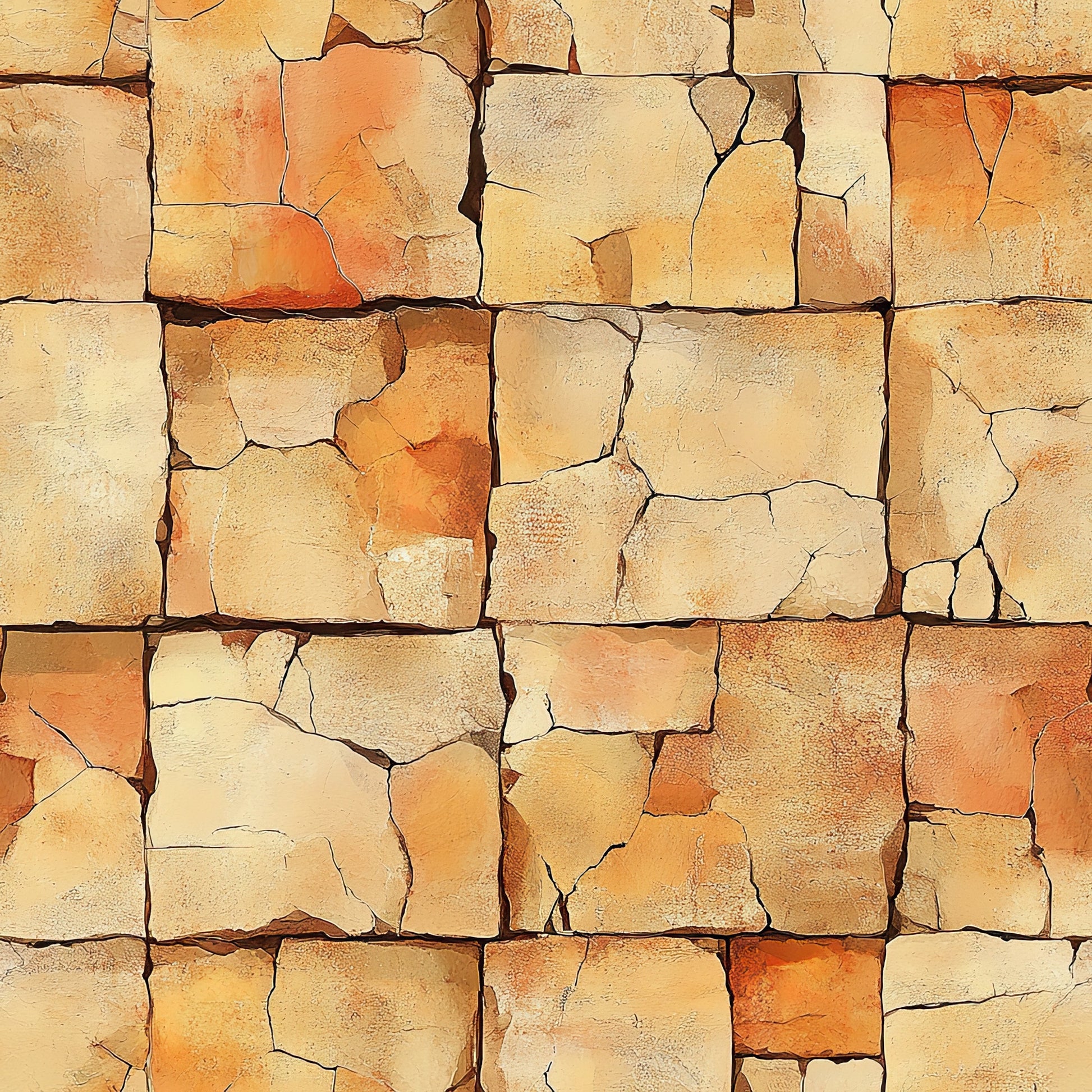 sandstone blocks, weathered stone, cracked masonry, earth tones, beige, tan, orange, rustic texture, aged walls, southwestern style, desert colors, stone pattern, quilting cotton, fabric panel, western theme, natural weathering, adobe appearance, geometric blocks, warm palette, textured surface