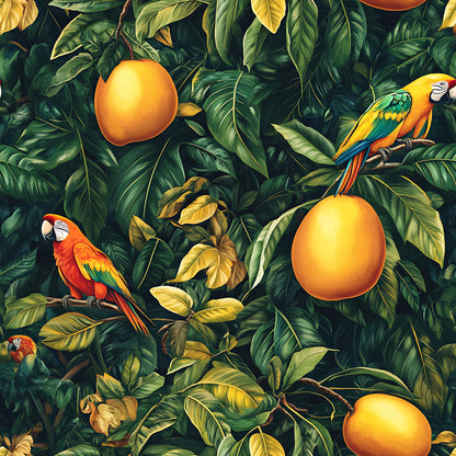 tropical pattern, mango fruits, colorful parrots, macaw birds, lush foliage, green leaves, orange mangoes, yellow accents, red parrot, blue wing feathers, jungle theme, botanical design, exotic birds, tropical paradise, quilting cotton, fabric panel, vibrant colors, nature motif, rainforest scene, repeating pattern