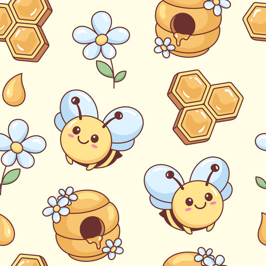 kawaii bees, cute bees, honeycomb pattern, beehive design, yellow bees, blue wings, pastel colors, cream background, flowers, honey drops, hexagonal shapes, sweet motifs, cartoon style, whimsical design, quilting cotton, fabric panel, cheerful pattern, spring theme, nature elements, adorable characters