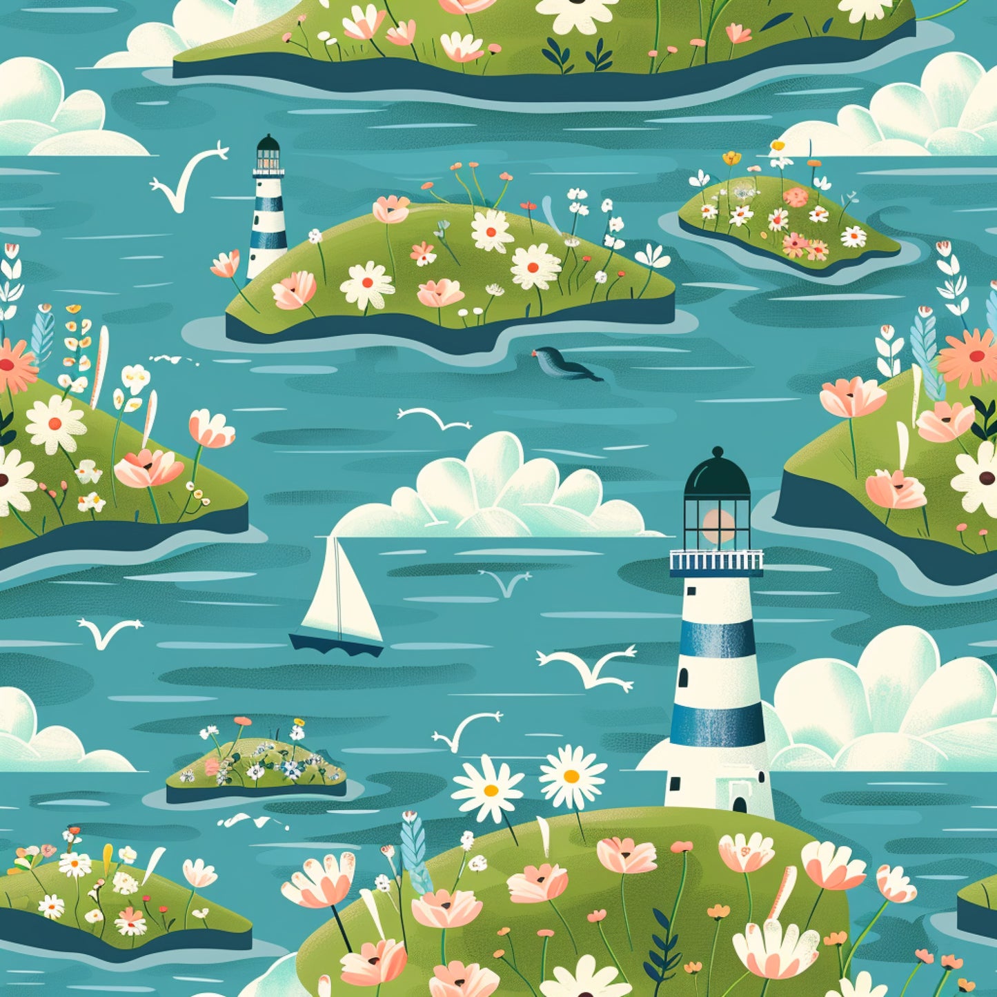 turquoise, teal, coral pink, white, green, lighthouse, sailboat, seagulls, flowers, islands, ocean waves, clouds, coastal scene, whimsical illustration, spring blooms, maritime theme, quilting cotton, fabric panel, nautical design, floral motifs