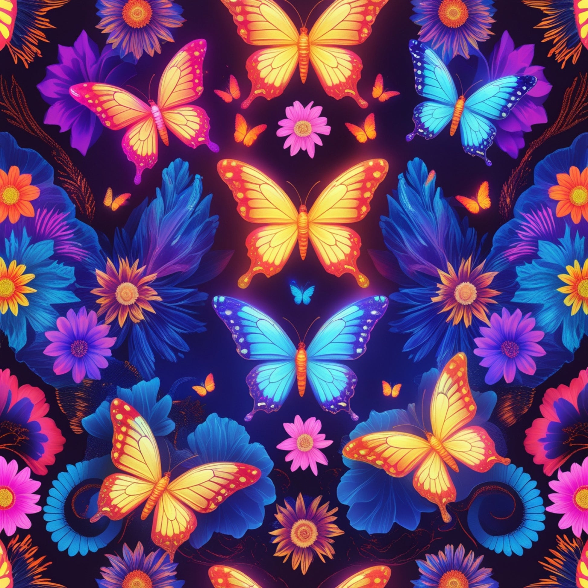 vibrant butterflies, tropical flowers, neon colors, electric blue, hot pink, bright orange, purple blooms, yellow wings, fantasy pattern, quilting cotton, fabric panel, kaleidoscope design, exotic florals, luminous wings, psychedelic style, nature motif, butterfly collection, vivid hues, floral backdrop, whimsical insects