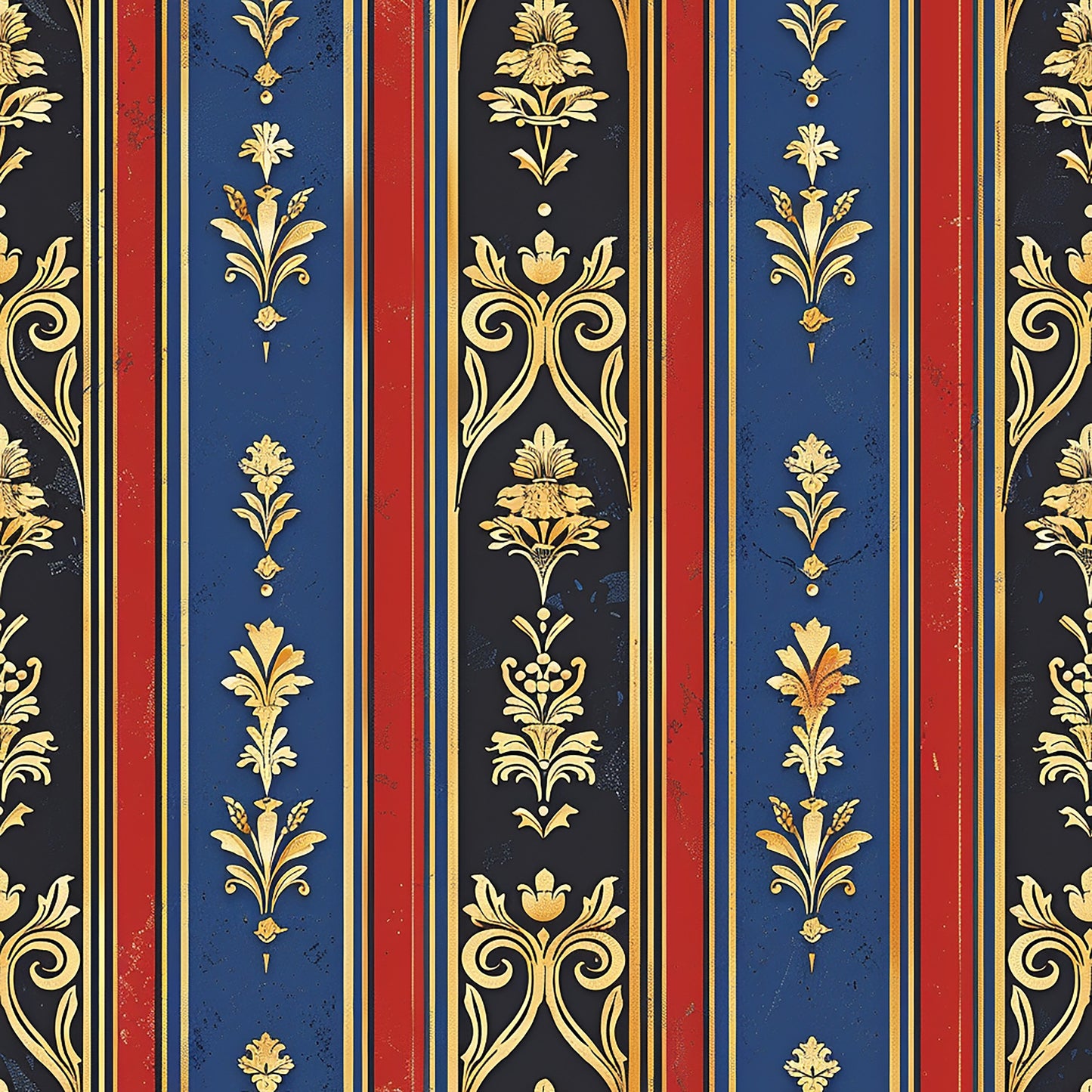 navy blue, deep red, gold, black, vertical stripes, floral motifs, ornate scrollwork, baroque style, regal pattern, damask design, quilting cotton, fabric panel, medieval inspired, elegant flourishes, repeating pattern, luxurious aesthetic, decorative elements, vintage style, formal design, rich colors