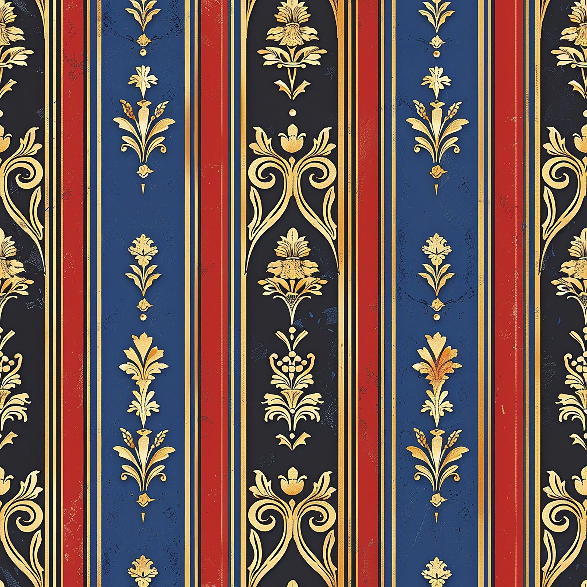 navy blue, deep red, gold, black, vertical stripes, floral motifs, ornate scrollwork, baroque style, regal pattern, damask design, quilting cotton, fabric panel, medieval inspired, elegant flourishes, repeating pattern, luxurious aesthetic, decorative elements, vintage style, formal design, rich colors