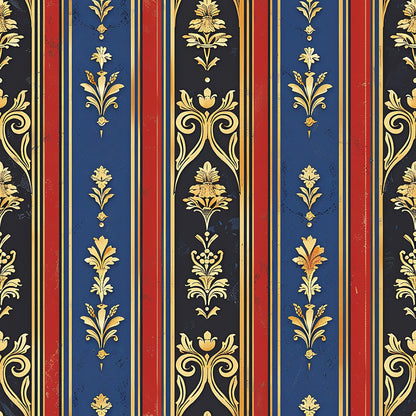 navy blue, deep red, gold, black, vertical stripes, floral motifs, ornate scrollwork, baroque style, regal pattern, damask design, quilting cotton, fabric panel, medieval inspired, elegant flourishes, repeating pattern, luxurious aesthetic, decorative elements, vintage style, formal design, rich colors