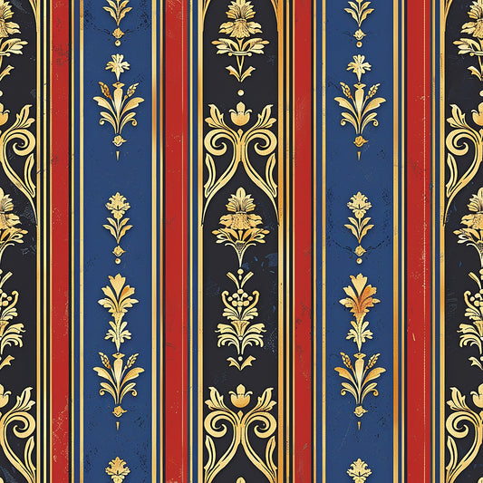 navy blue, deep red, gold, black, vertical stripes, floral motifs, ornate scrollwork, baroque style, regal pattern, damask design, quilting cotton, fabric panel, medieval inspired, elegant flourishes, repeating pattern, luxurious aesthetic, decorative elements, vintage style, formal design, rich colors