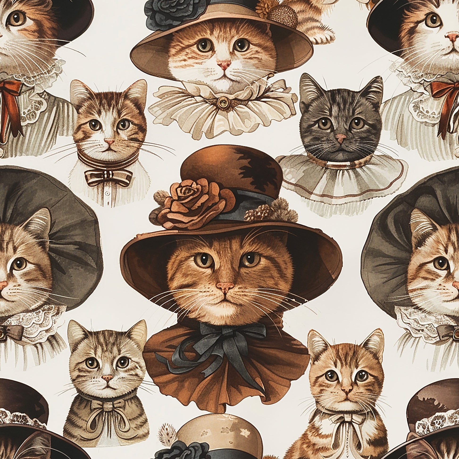 victorian cats, orange tabby, brown cats, gray cats, vintage hats, bow ties, ruffled collars, feathers, roses, floral decorations, quilting cotton, fabric panel, whimsical portraits, period costume, elegant accessories, cream background, repeating pattern, anthropomorphic animals, detailed illustration, nostalgic style