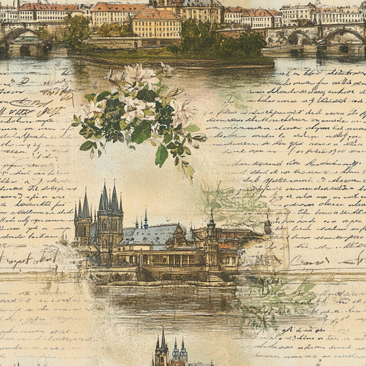 vintage postcards, european architecture, white roses, handwritten script, sepia tones, beige background, gothic cathedral, stone bridges, riverside scenes, botanical florals, aged paper texture, travel motifs, quilting cotton, fabric panel, nostalgic imagery, historical buildings, cursive writing, muted colors, collage design, antique style