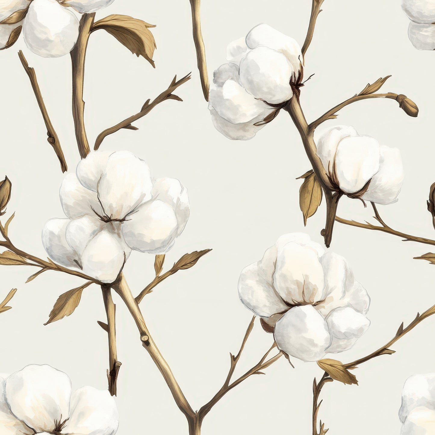 raw white, cream, beige, brown stems, cotton bolls, botanical pattern, floral design, natural fibers, repeating motif, watercolor style, organic shapes, quilting cotton, fabric panel, neutral tones, soft palette, plant illustration, cotton branches, farmhouse aesthetic, nature inspired