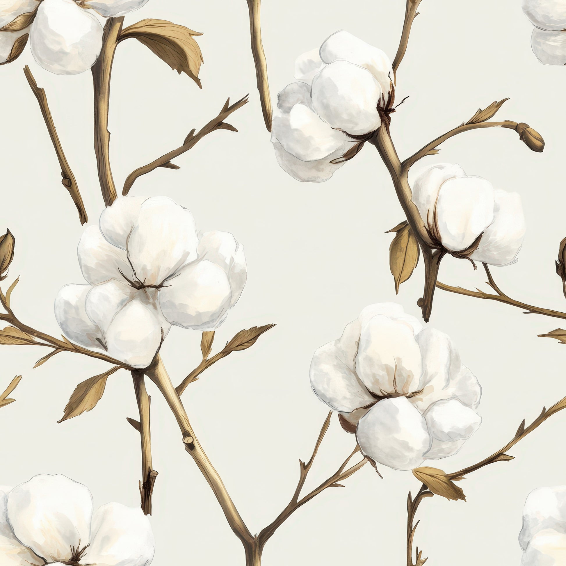 raw white, cream, beige, brown stems, cotton bolls, botanical pattern, floral design, natural fibers, repeating motif, watercolor style, organic shapes, quilting cotton, fabric panel, neutral tones, soft palette, plant illustration, cotton branches, farmhouse aesthetic, nature inspired